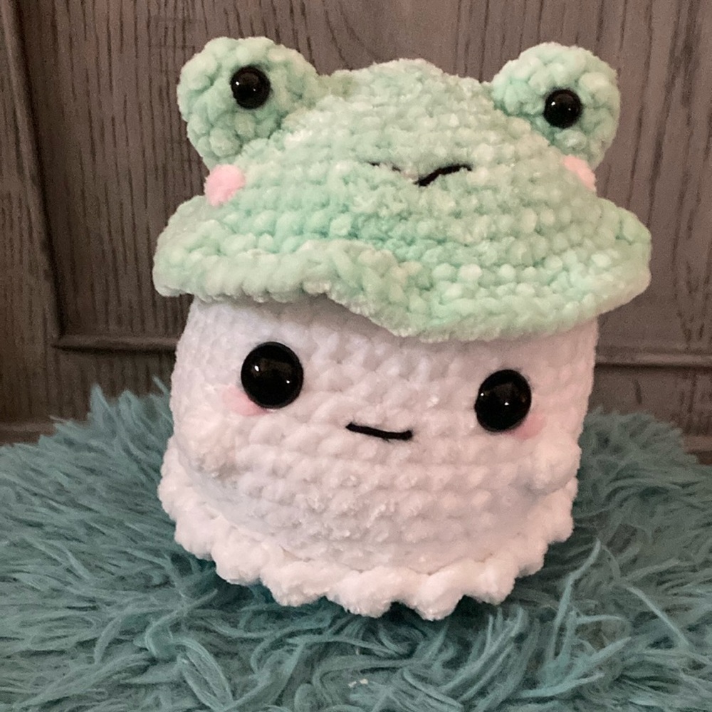 Crochet ghost with frog hat handmade Plush Toy